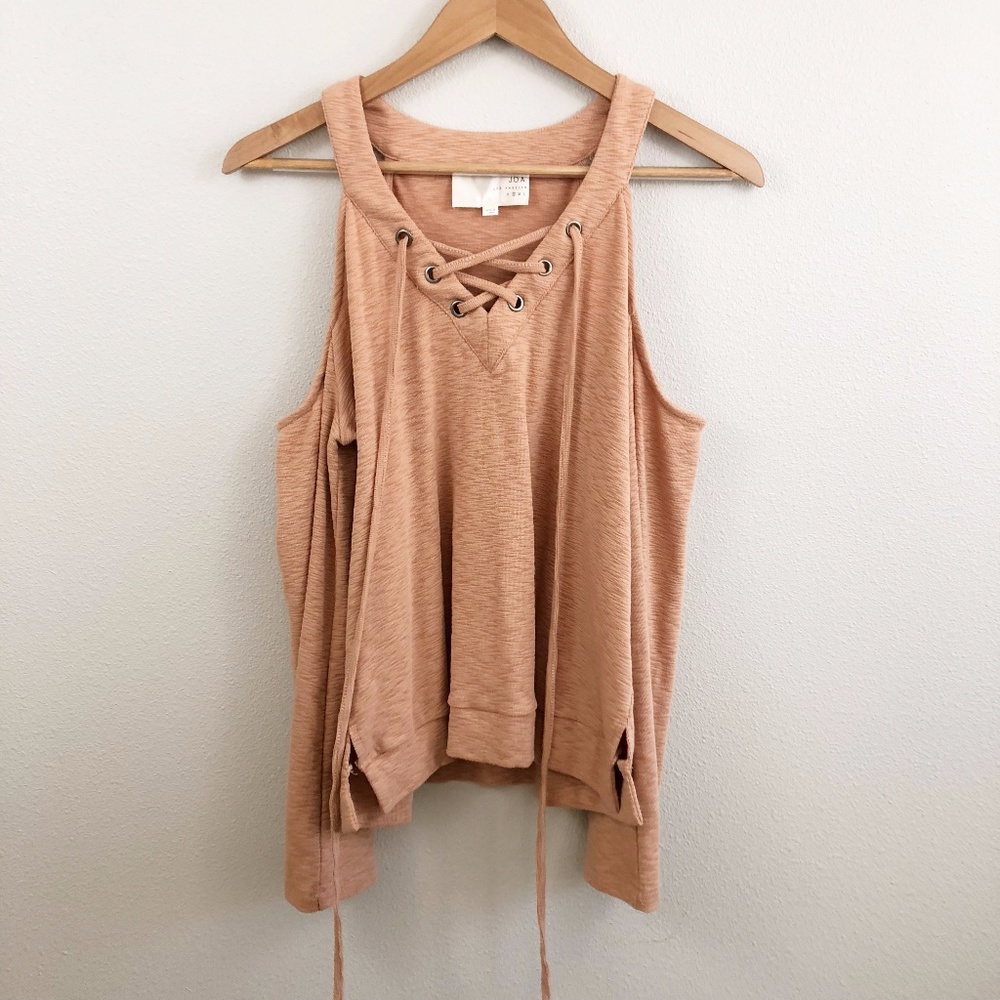 J.O.A. Cold Shoulder Long Sleeve Lace-Up Peach Top